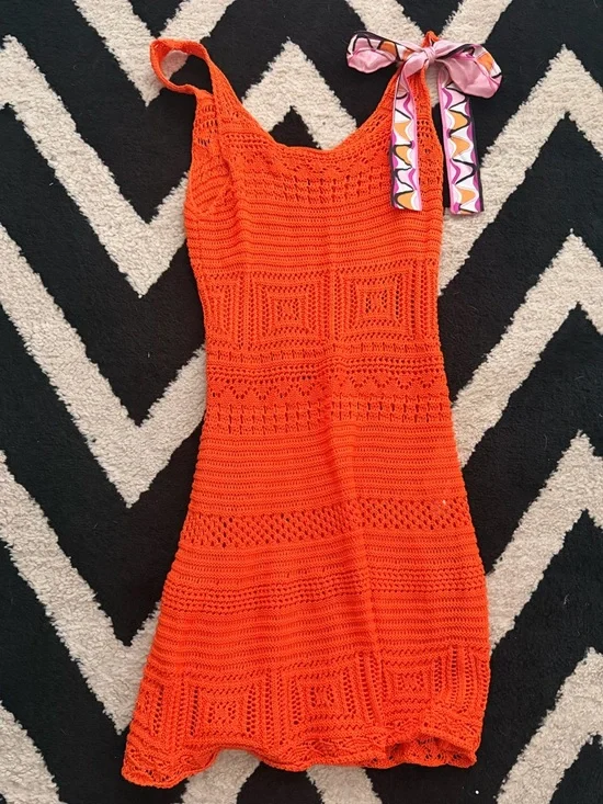 Authentic Emilio Pucci Bright Orange Sleeveless Crochet A-Line Dress - Picture 2 of 6